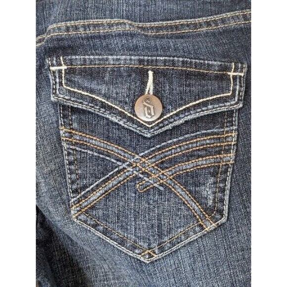 Y2K Decree Boot Cut Jeans 7 Blue Embroidered Button Pockets Distressed Cowgirl - Picture 6 of 8